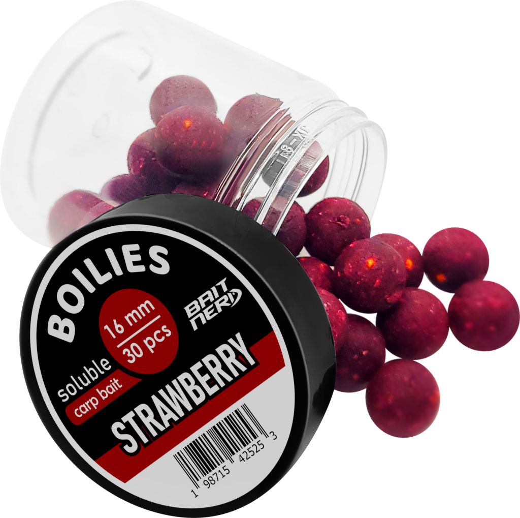 16mm boilies spoilled from a jar and lid strawberry